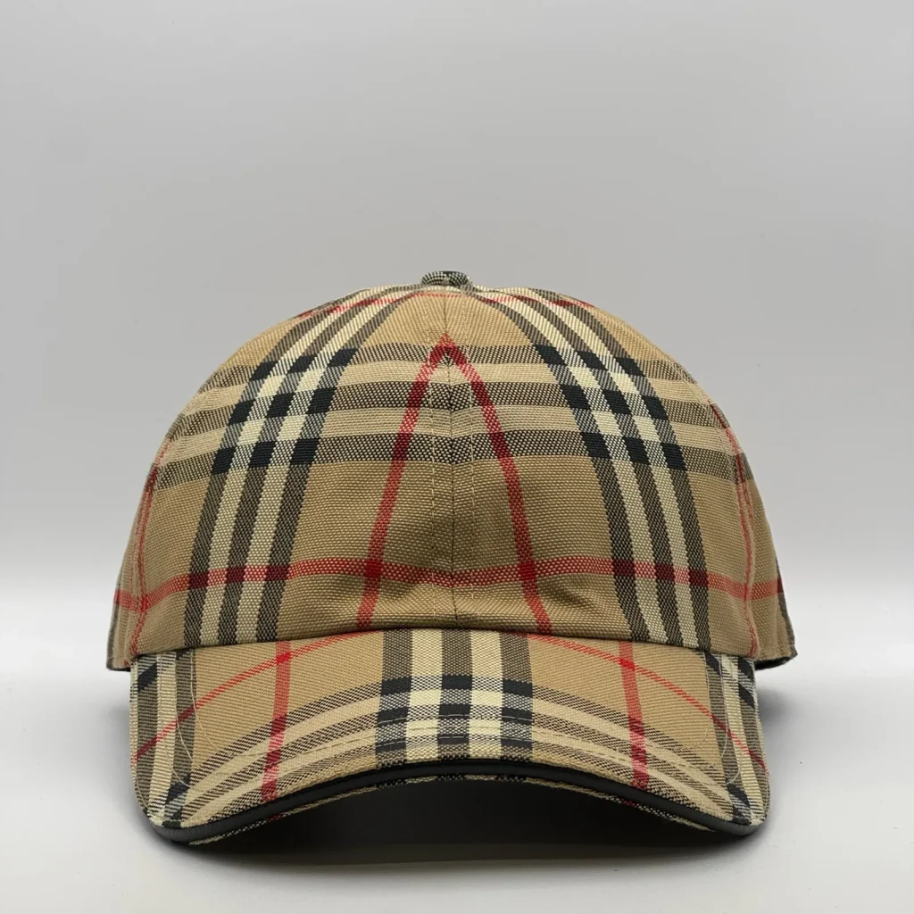 Archive beige vintage check Burberry cap, three-quarter front-left view.