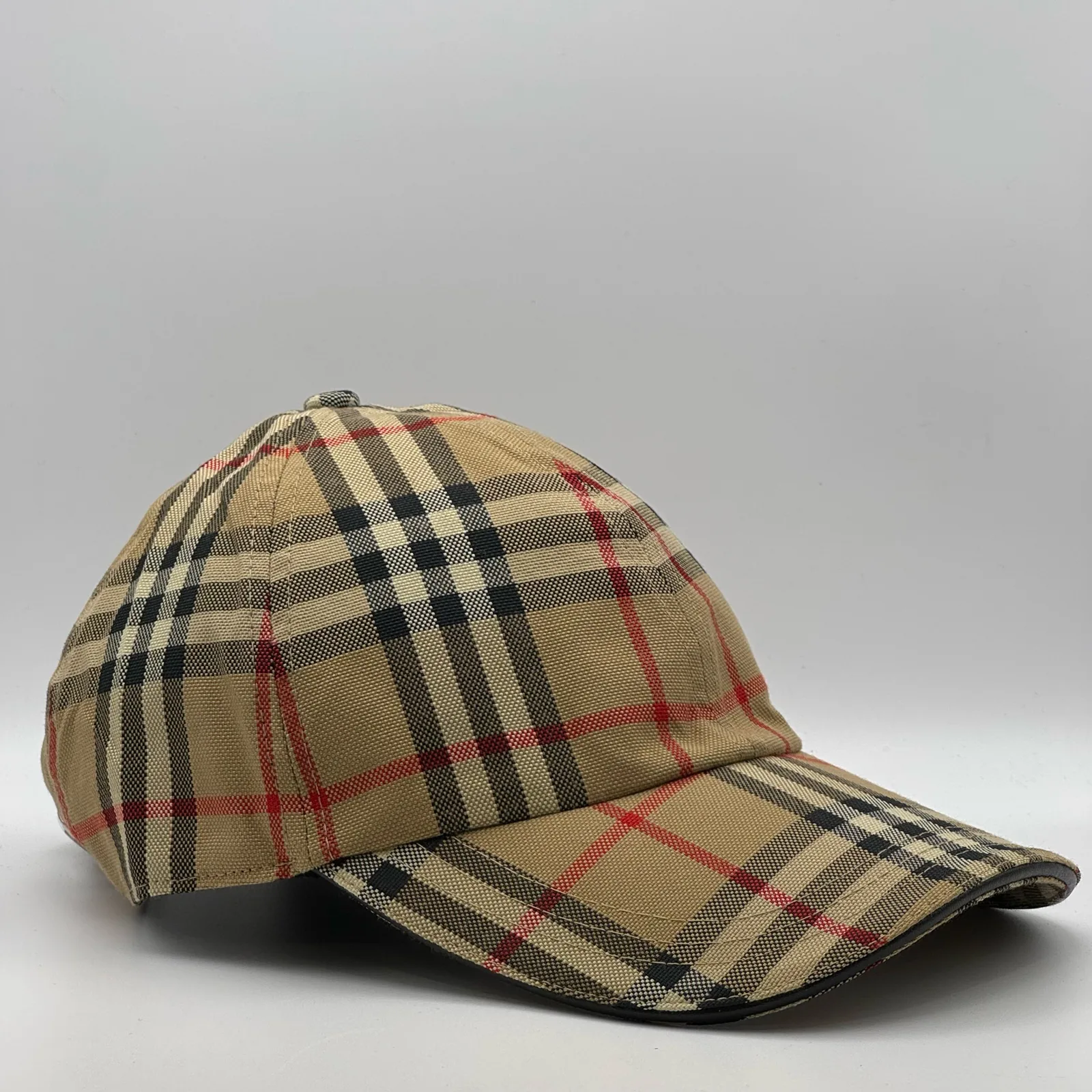 Archive beige vintage check Burberry cap, side profile.
