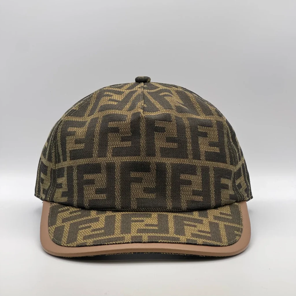 Brown Fendi FF cap, three-quarter front-left view.