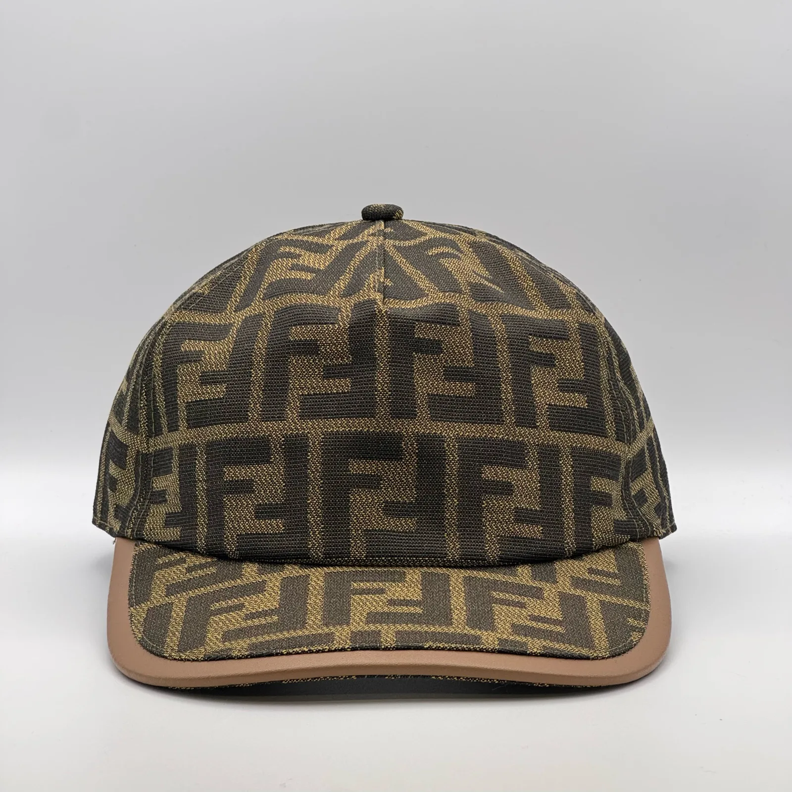 Brown Fendi FF cap, three-quarter front-left view.