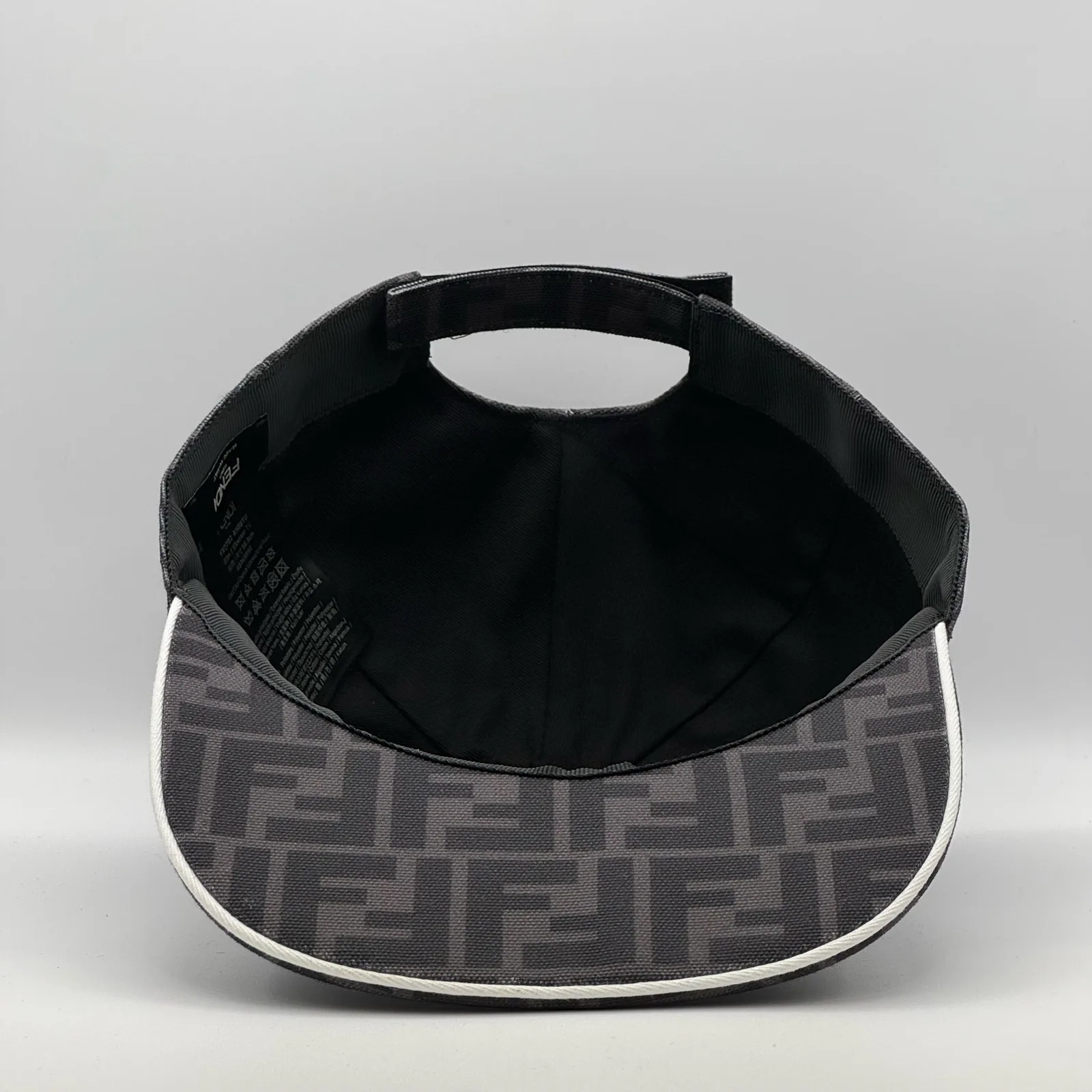 Underside of the dark grey FF cap, brim lifted to show the black interior.