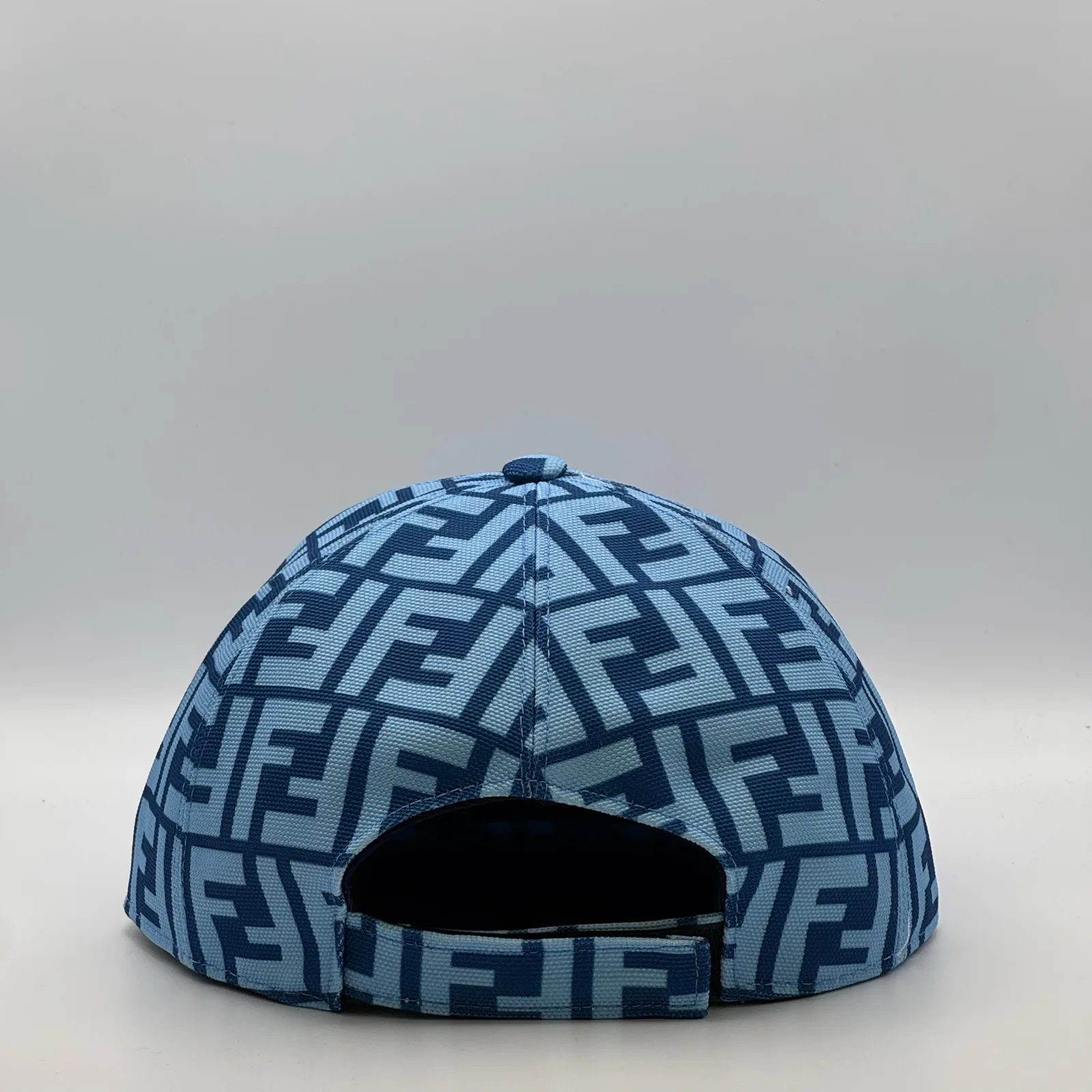 Light blue Fendi FF cap, back view showing the open adjuster.