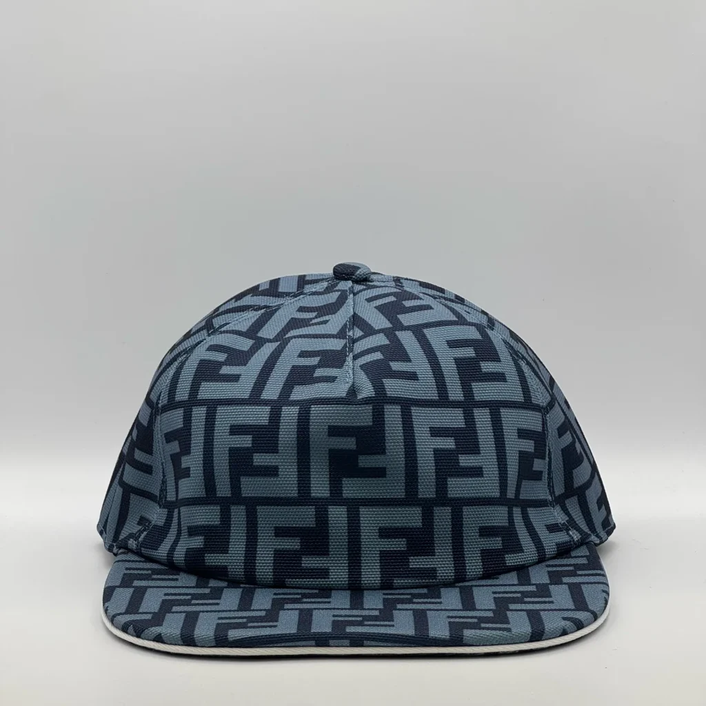 Navy blue Fendi FF cap, three-quarter front-left view.