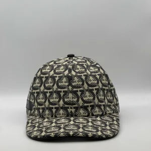 Ferragamo Gancini cap, front view in cream and charcoal weave with a black trim.