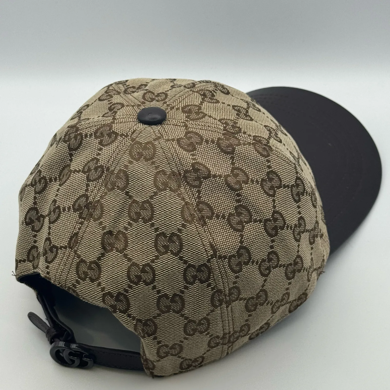 Beige GG canvas cap, front view showing the crown and dark brown brim together