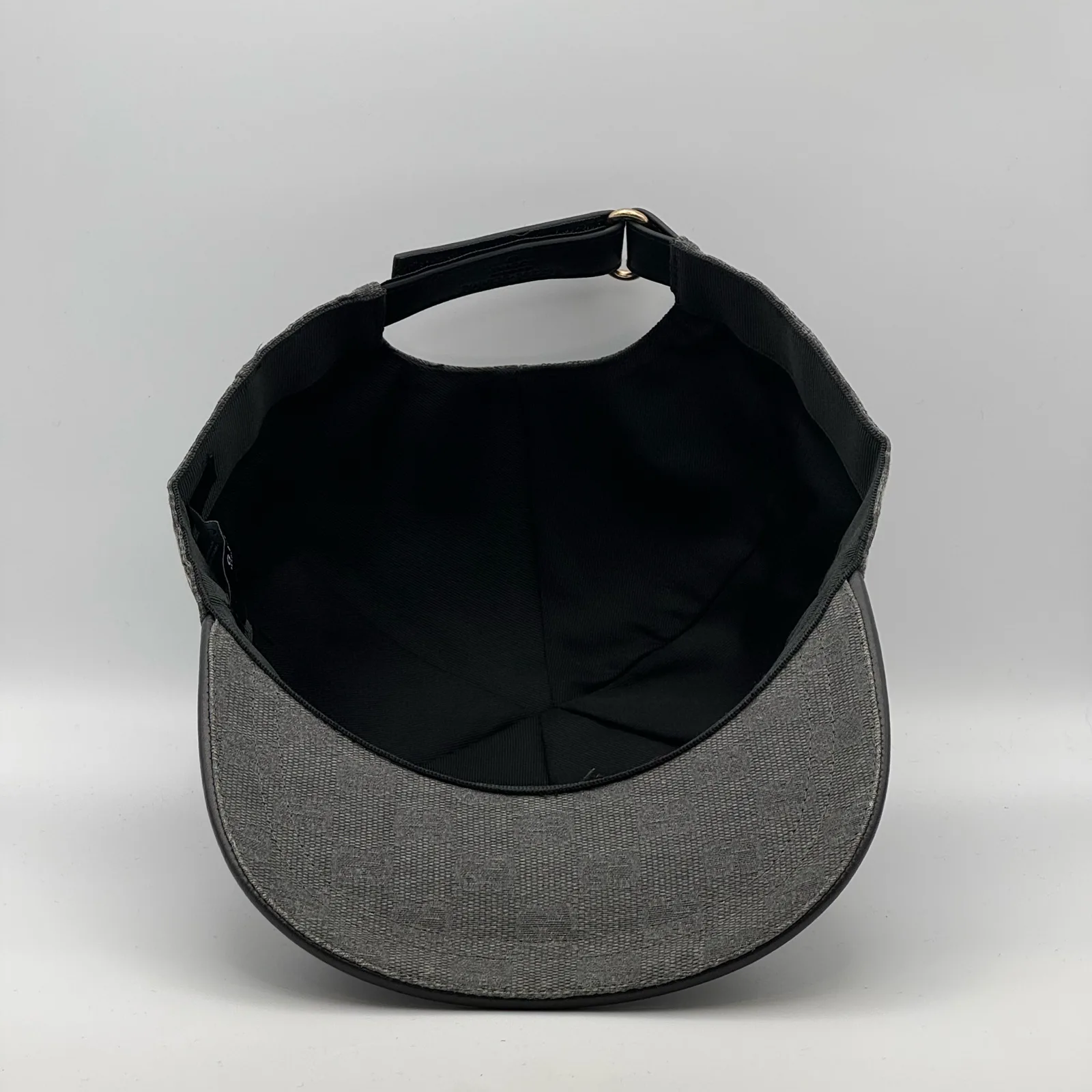 Charcoal grey GG canvas cap, underside view showing the black interior lining