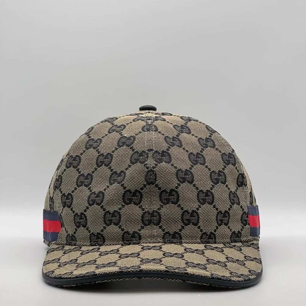 Beige and navy GG canvas cap, front three-quarter view with navy and red web stripe
