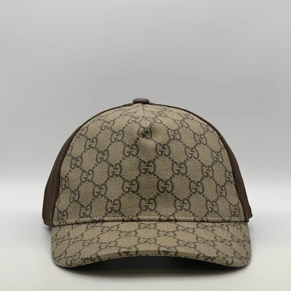Brown GG canvas trucker cap, front view