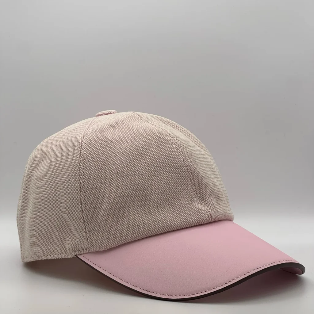Hermès canvas cap, three-quarter view showing the pink leather brim and tonal button.